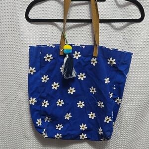 Vibrant Blue Floral Tote Bag with Rope Handles